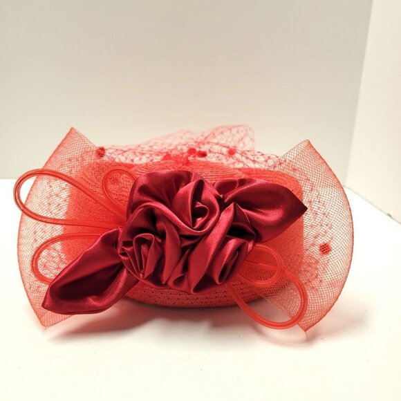 Red Pillbox Hat with Netting - Picture 6 of 16